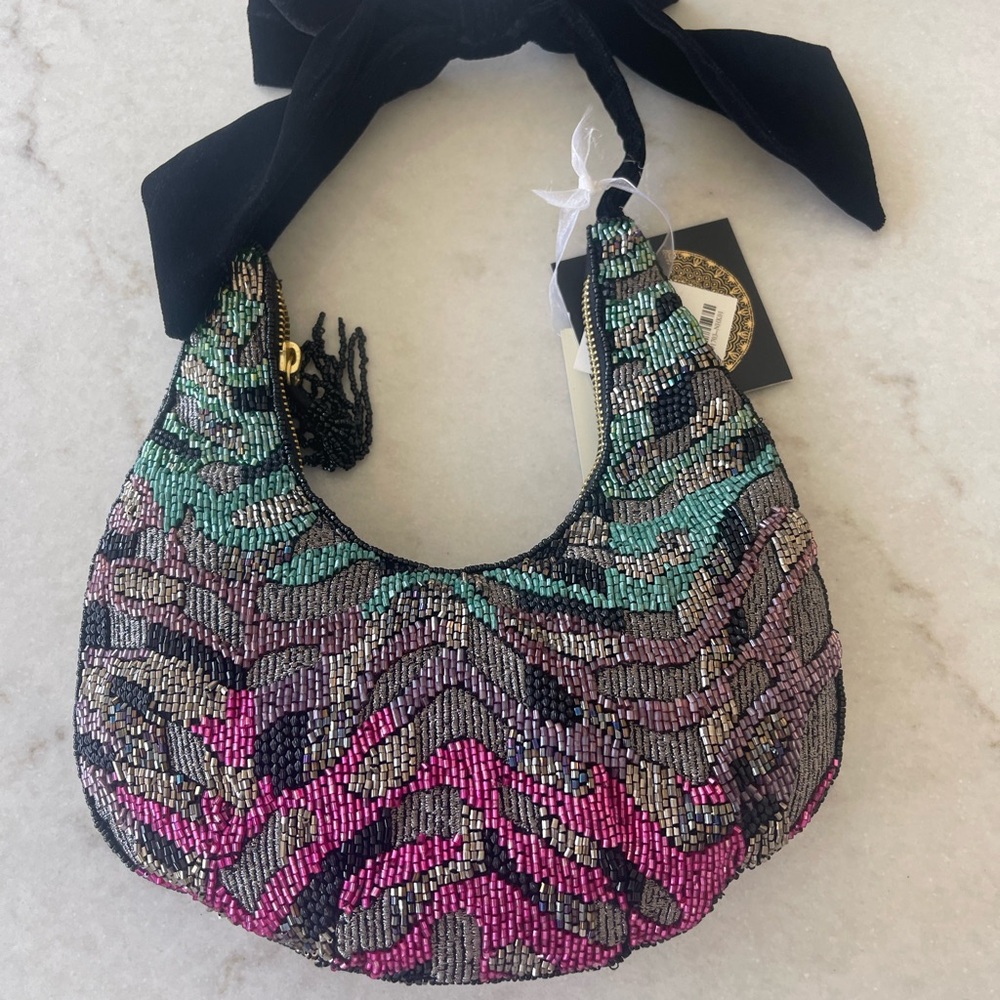 Beaded Multicolor Women's Shoulder Bag - Black Velvet Tie - Picture 2 of 5